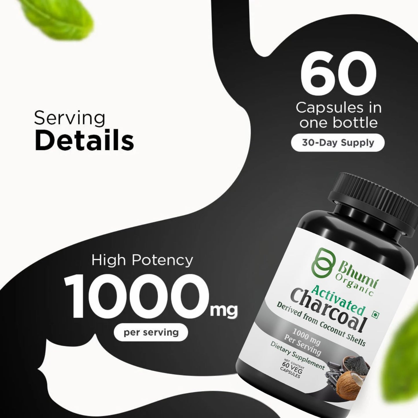Bhumi Organic Coconut Based Activated Charcoal 500 mg Capsule 60 Count
