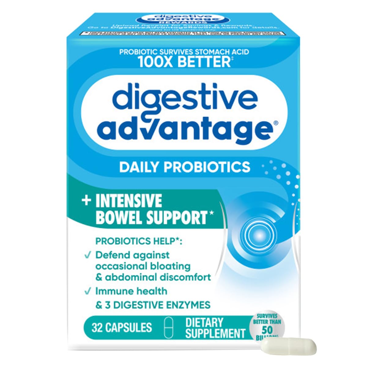 Digestive Advantage Intensive Bowel Support Probiotic Defends Against Gas & Bloating, 32 Capsules