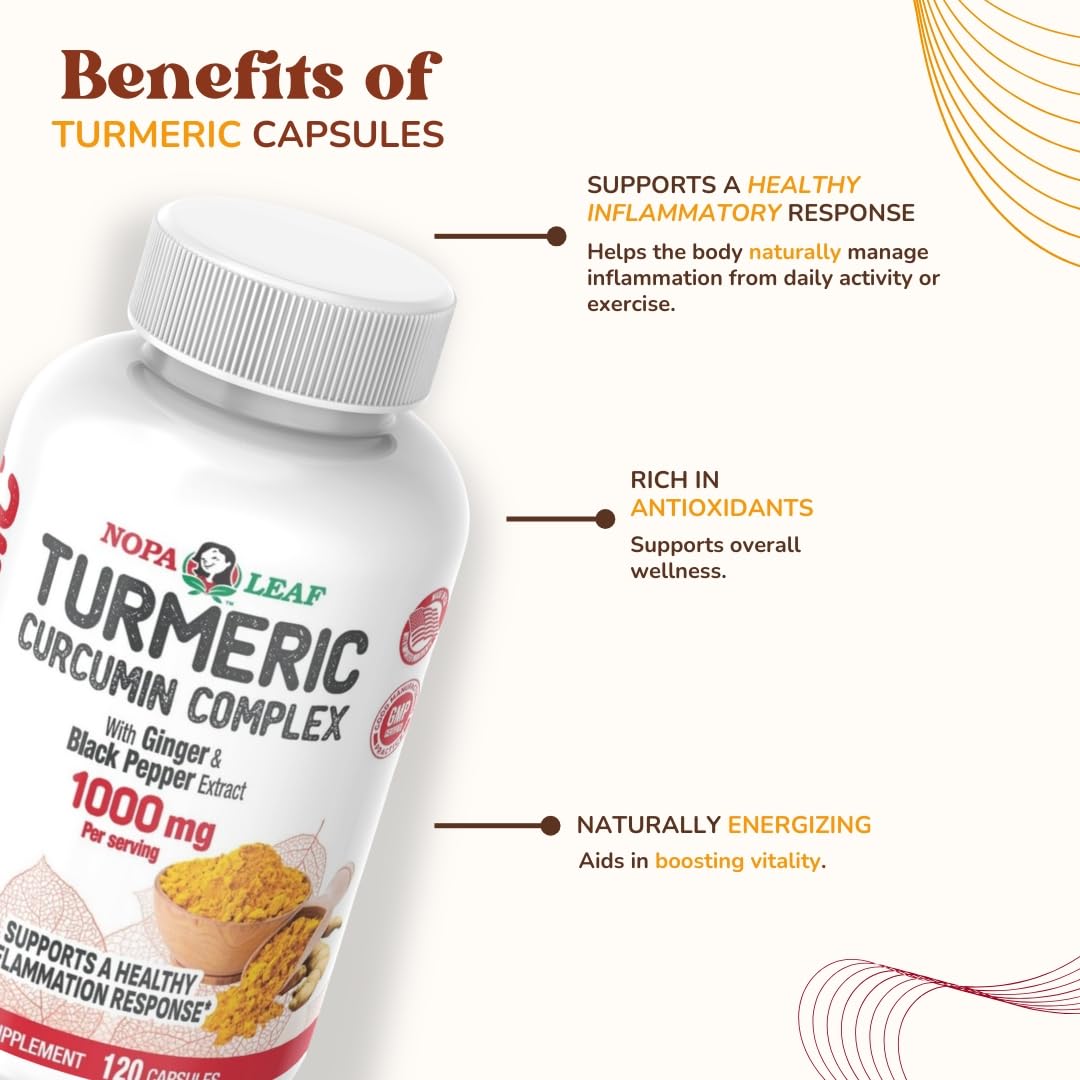 Nopalina Leaf Turmeric Curcumin Complex Capsules with Ginger & Black Pepper, 1000mg per Serving, 120 Capsules