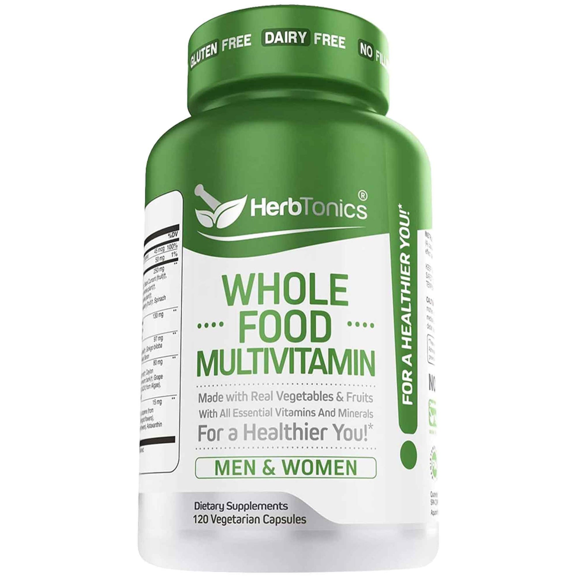 Herbtonics Whole Food Multivitamin for Men & Women – Vegan Multivitamin with Real Fruits & Veggies, Probiotics, CoQ10, Turmeric & More Capsules, 120 Count