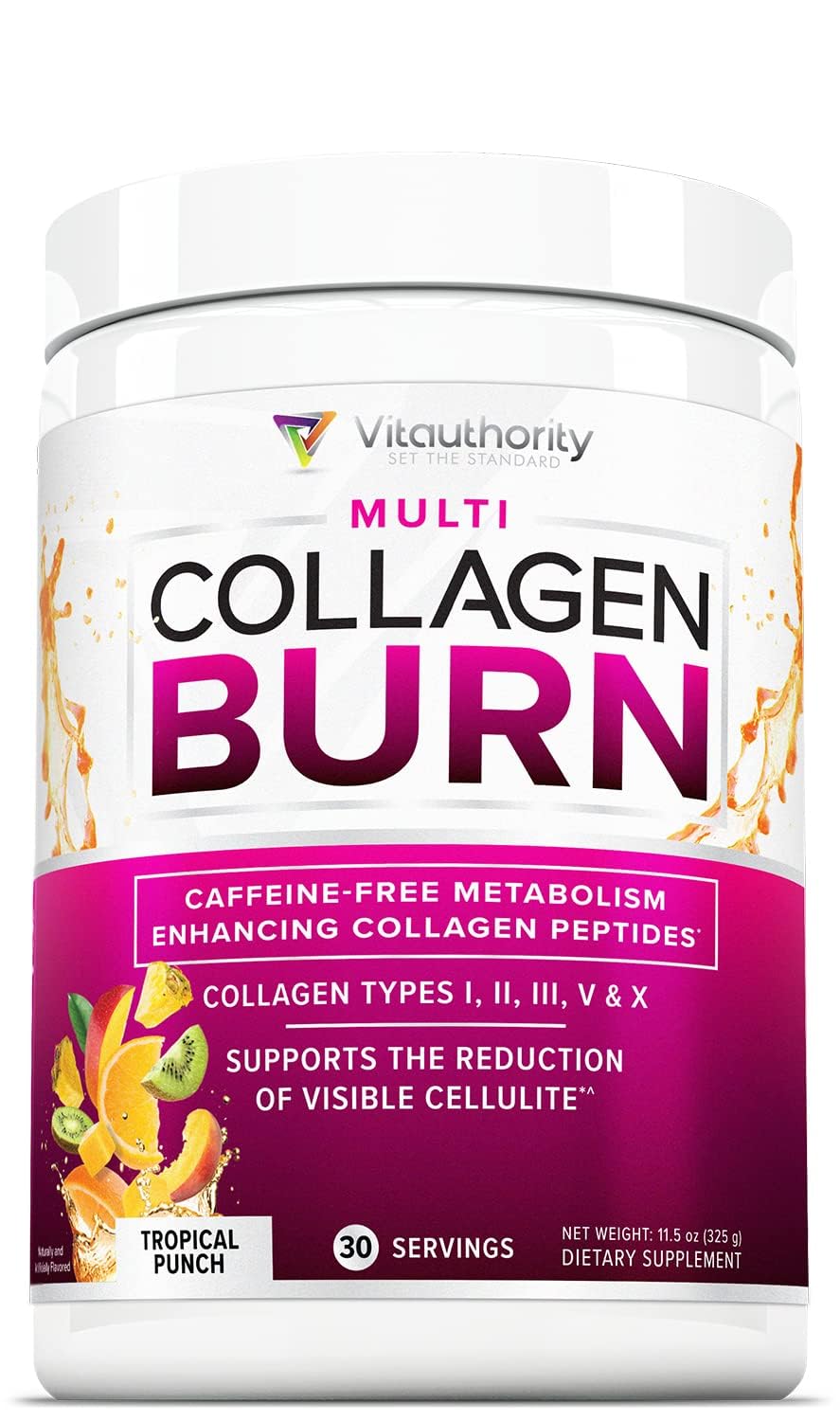 Vitauthority Hydrolyzed Collagen Peptides Powder for Women - Slimming MultiCollagen Burn Ultimate Beauty Complex with Hyaluronic Acid Vitamin C & Types I II III V and X Tropical Punch 11.6 oz