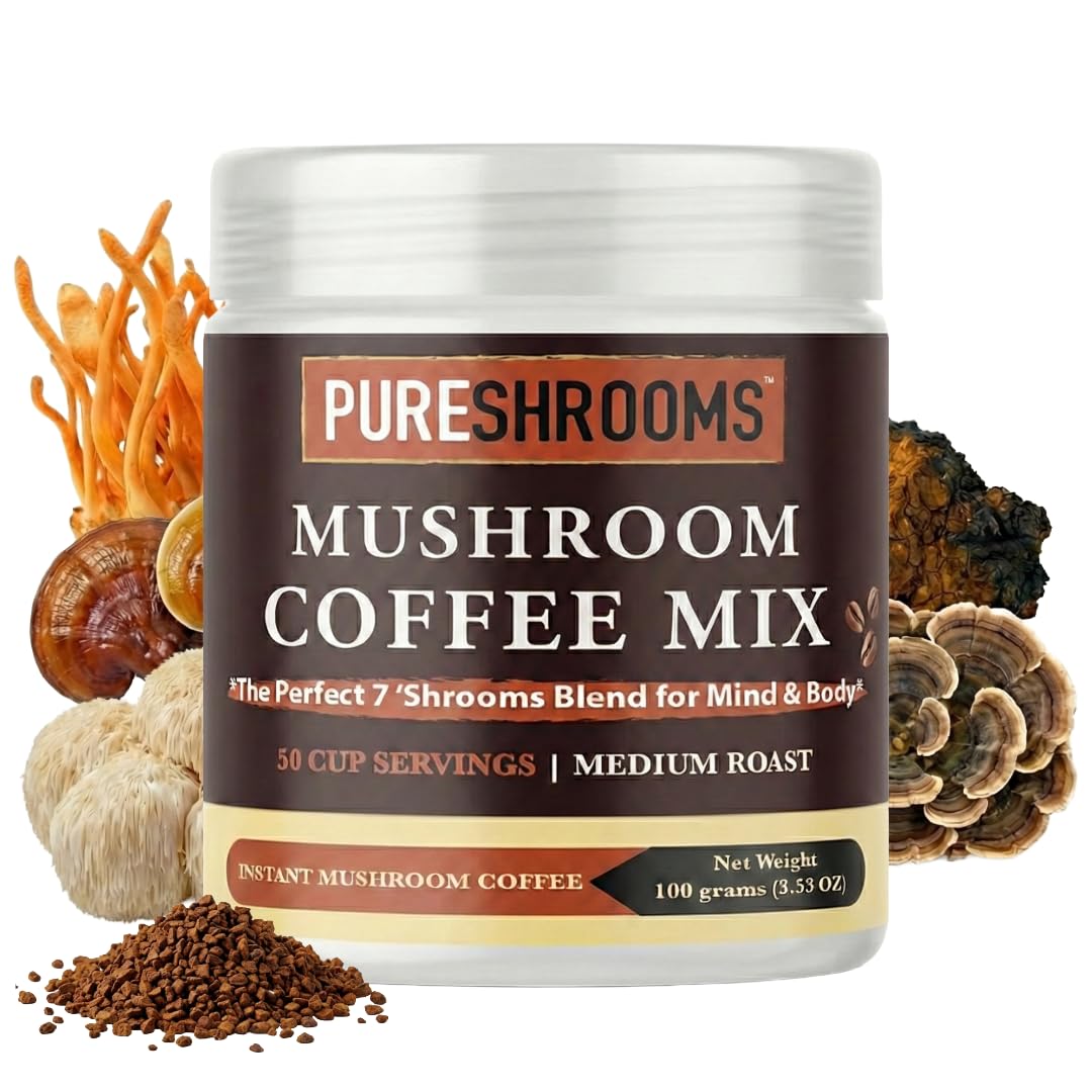 PureShrooms Perfect 7 Mushroom Coffee Powder, Instant Single Origin Arabica with Organic Lion’s Mane, Reishi & Cordyceps, 50 Servings
