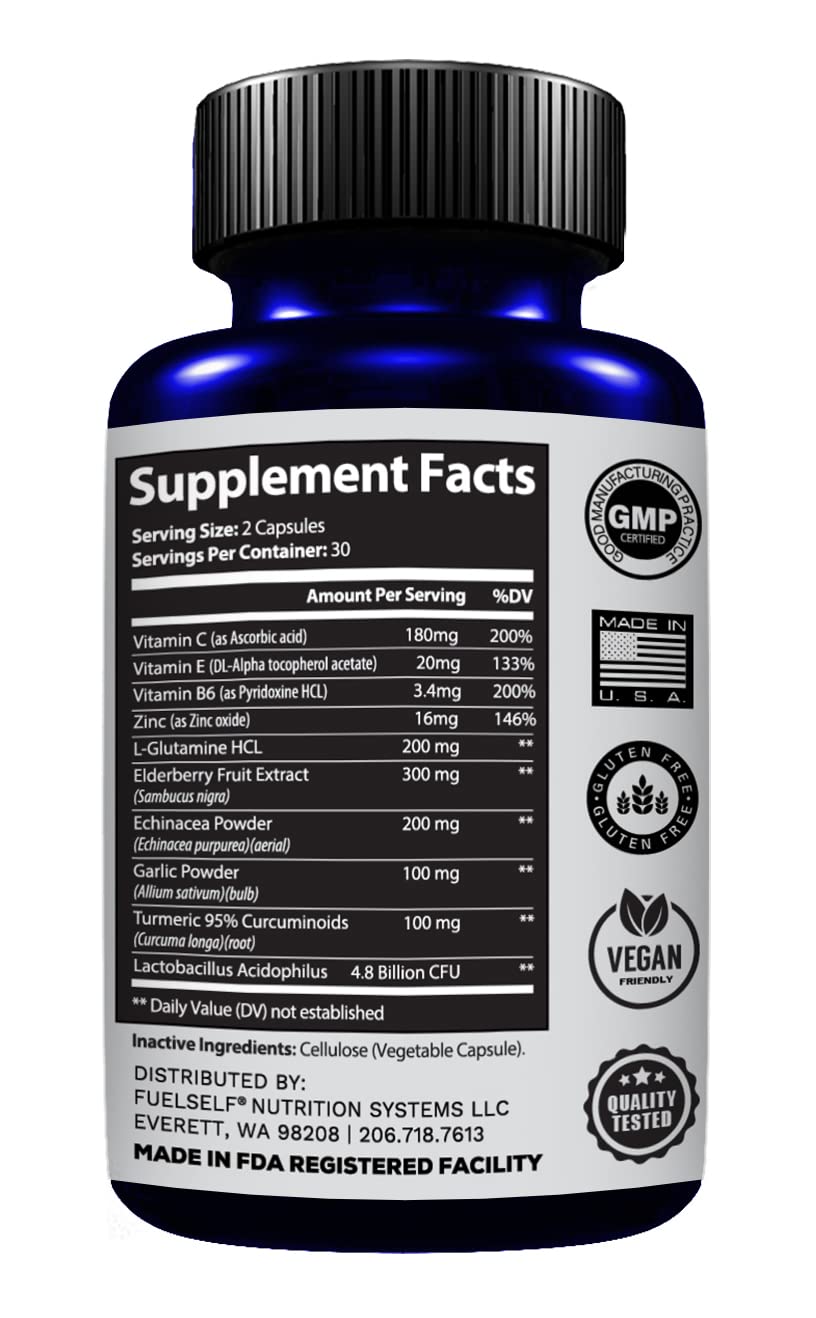 FuelSelf Immune Support Booster Supplement with Elderberry, Vitamin C, Echinacea, Turmeric Curcuminoids, Vitamin E, Vitamin B6, Zinc, L-Glutamine HCL, Garlic, Lactobacillus Acidophilus Capsules, 60 Count