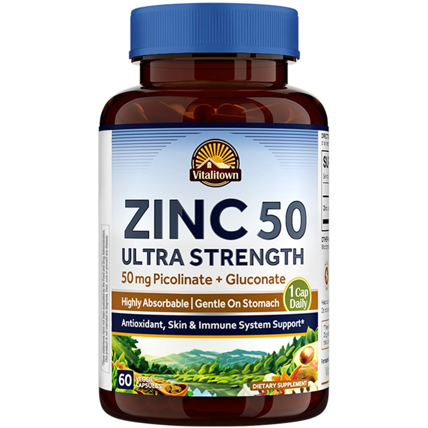 Vitalitown Chelated Zinc 50 mg, Zinc Picolinate & Gluconate, Capsules, 60 Count