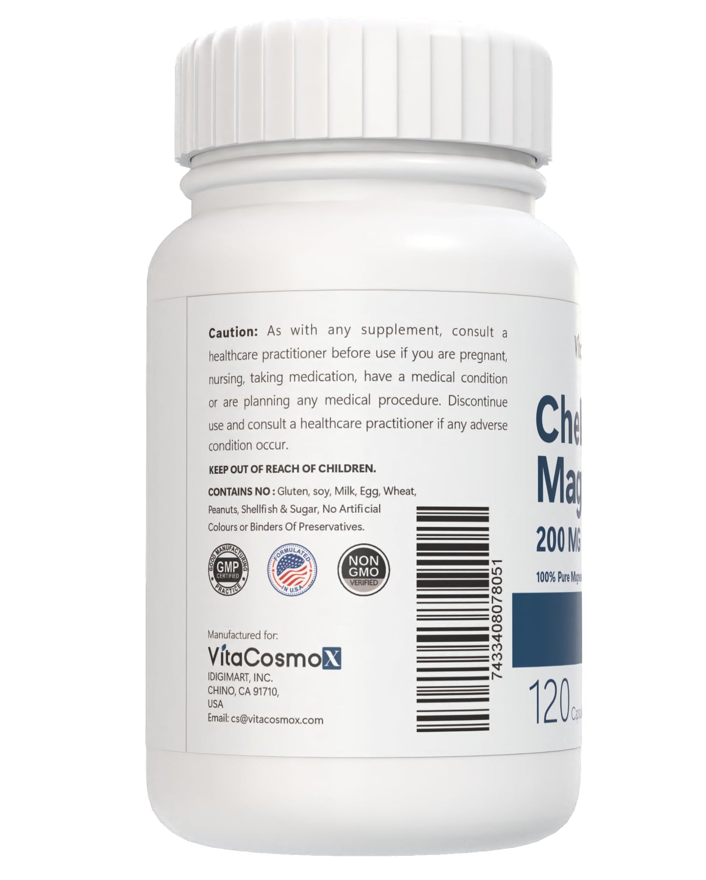 VitaCosmoX Chelated Magnesium Bisglycinate 200mg Capsules, 120 Capsules