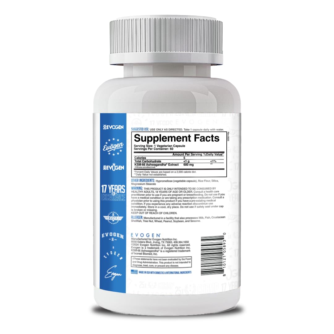 Evogen KSM-66 Ashwagandha 600mg Capsules, 60 Count