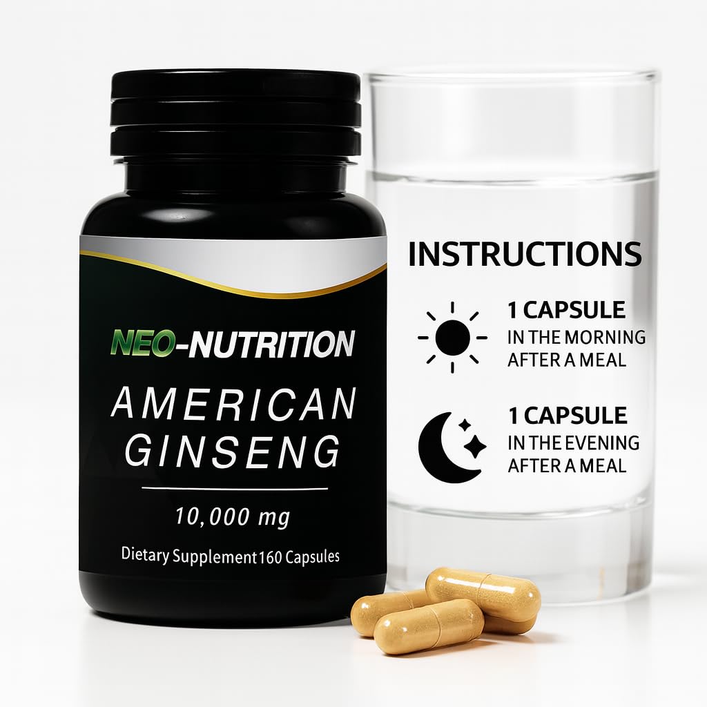 NEO-NUTRITION American Ginseng 10,000mg Ginseng Root Extract Capsules, 60 Capsules