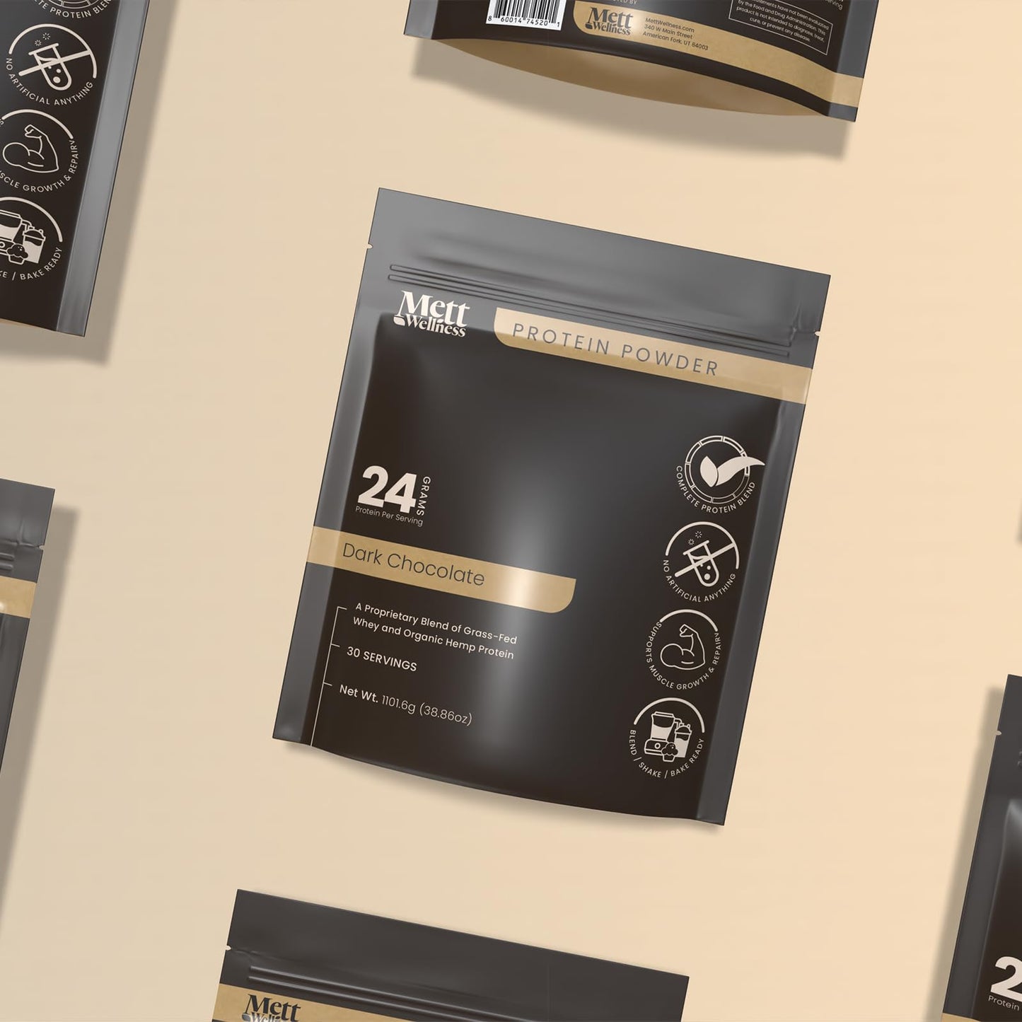 Mett Wellness Dark Chocolate Grass-Fed Whey + Hemp Heart Protein Powder with Bovine Collagen, 2.4 lb (30 Servings)