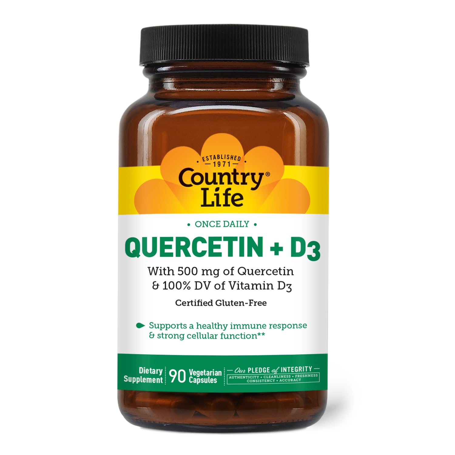 Country Life Quercetin 500mg with Vitamin D3 800 IU Capsules, Immune Support, 90 Capsules