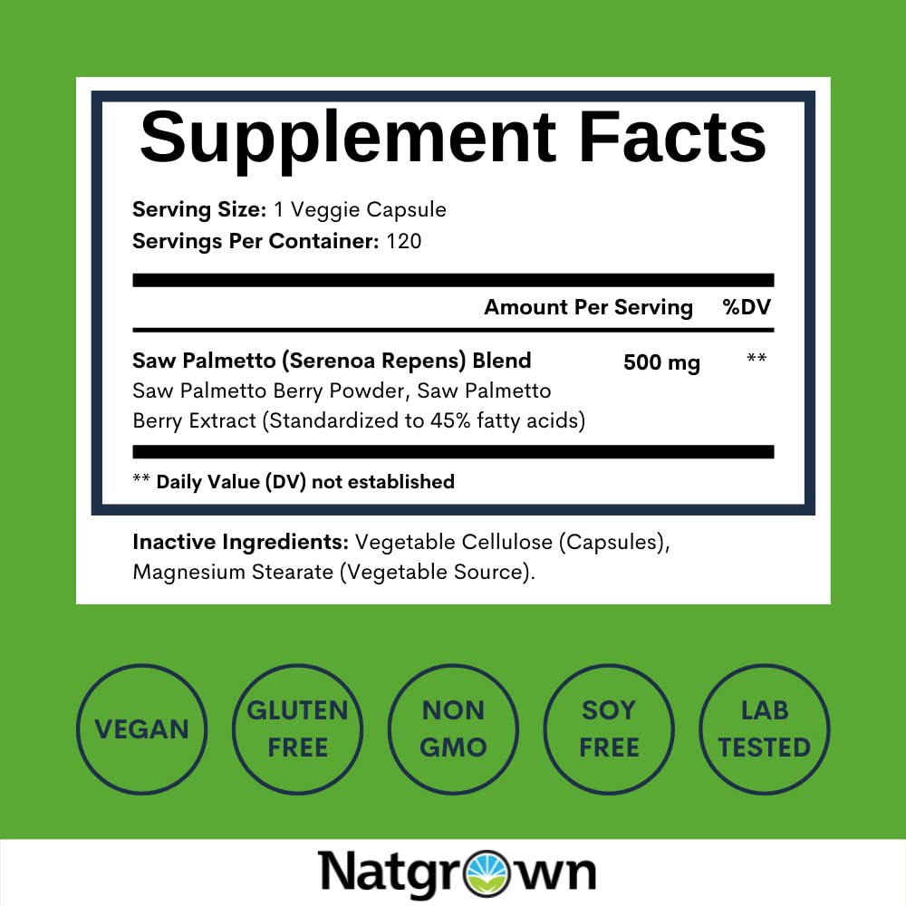 Natgrown Saw Palmetto for Men 500 mg Prostate Health & DHT Blocker Capsule, 120 Count