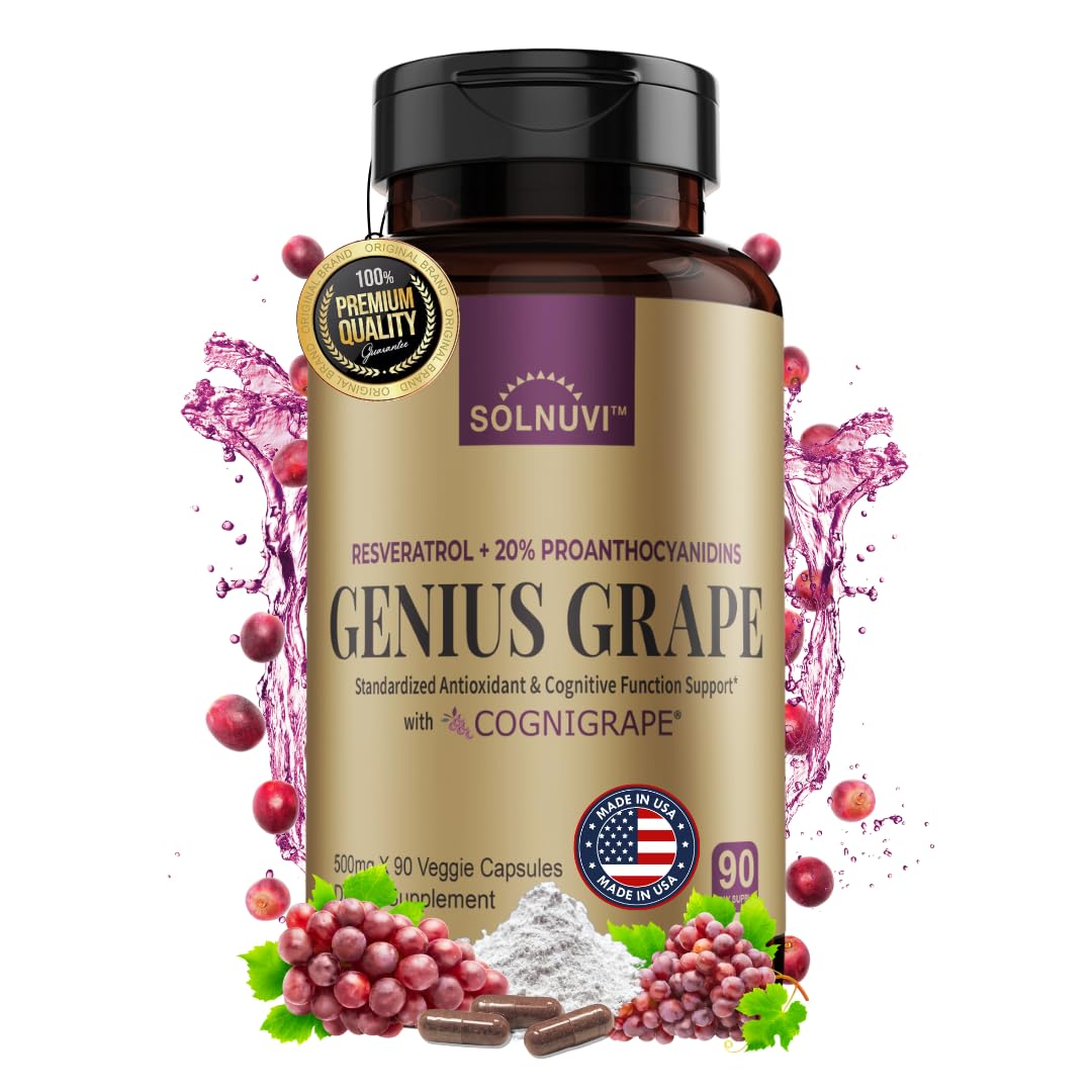SOLNUVI Resveratrol Complex Capsule 90 Count with Cognigrape Red Grape Extract OPC Proanthocyanidins - Antioxidant & Brain Health Support