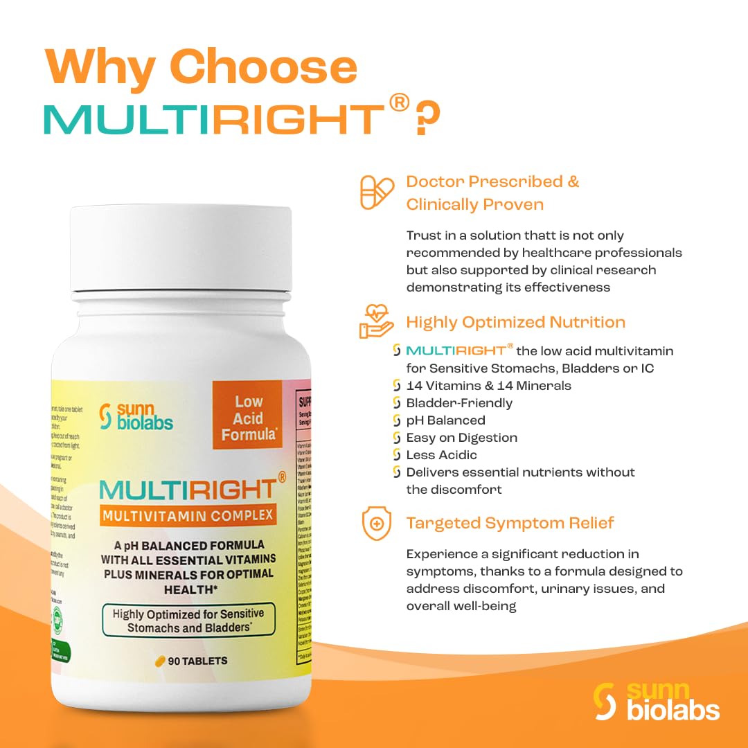 SUNN BIOLABS Multiright Low-Acid Multivitamin, Bladder-Friendly, Buffered Vitamin C, 90 Capsules