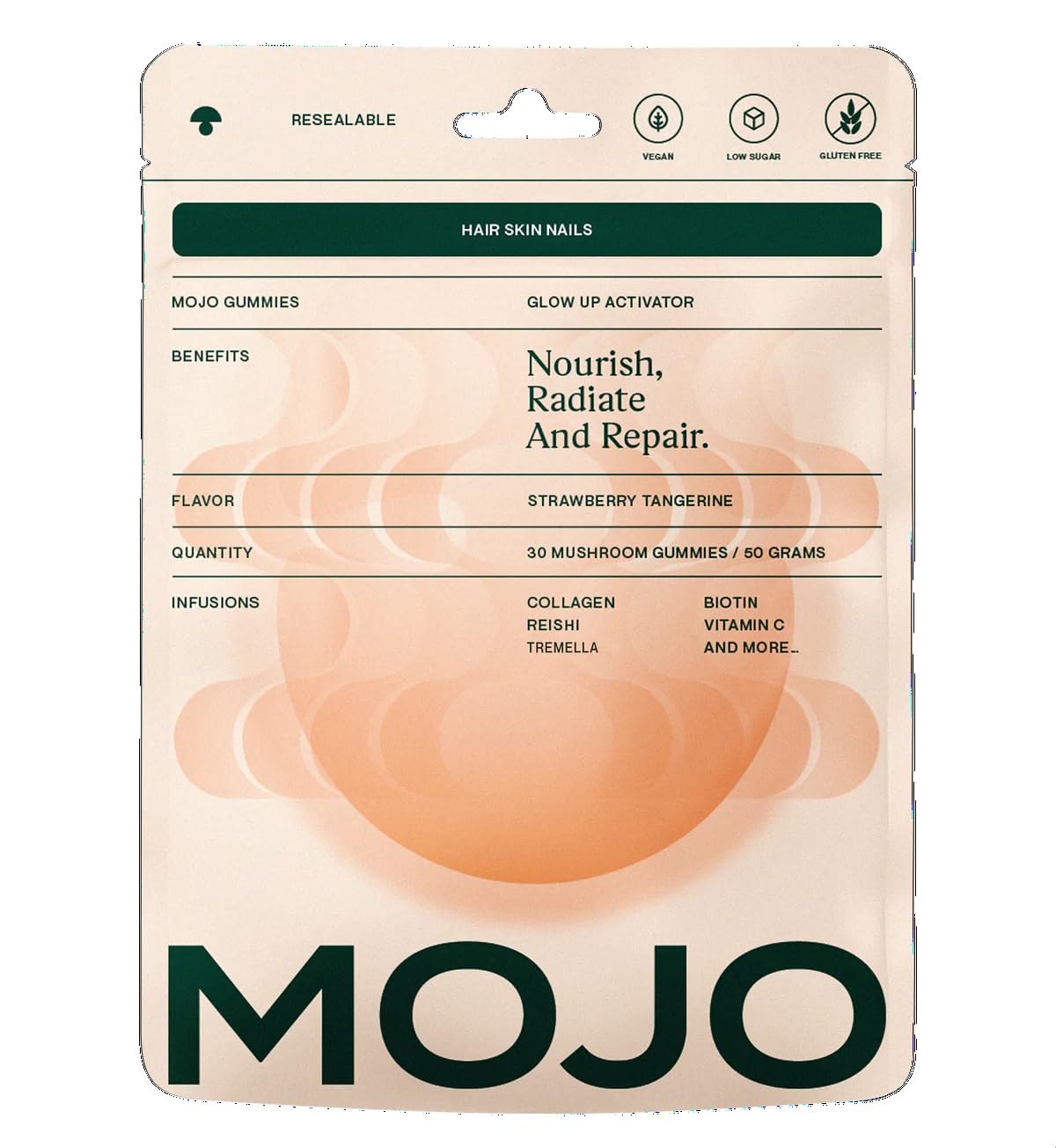 Mojo Hair, Skin & Nails Gummies Beauty Support Formula with Collagen, Biotin, Reishi, Tremella + Vitamins, 1 Count