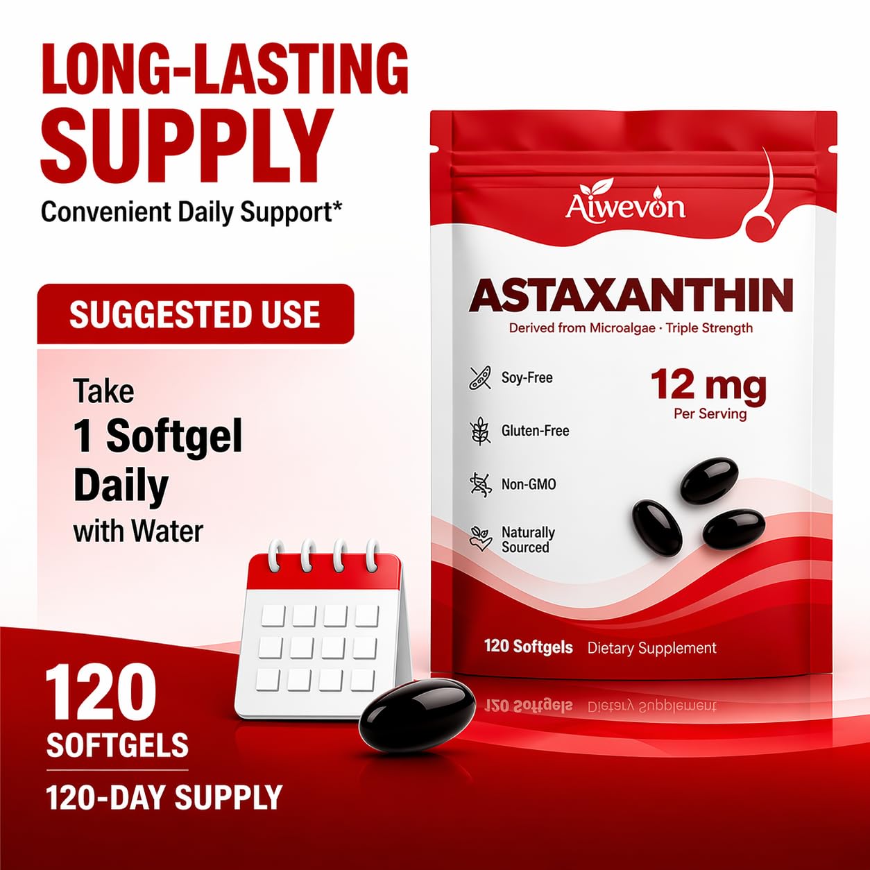 Aiwevon Astaxanthin 12mg Softgels, 120 Softgels