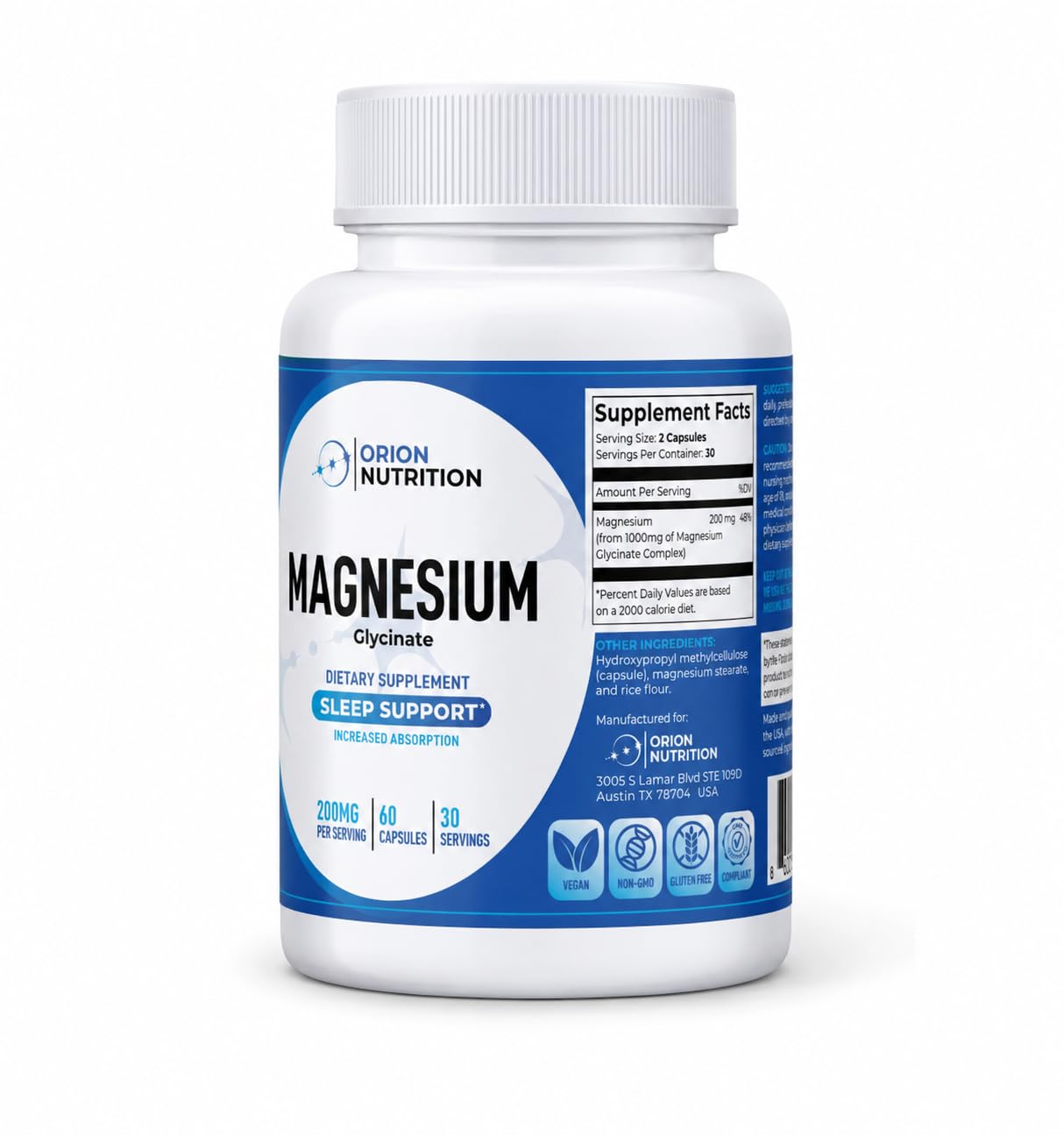 Orion Nutrition Magnesium Glycinate 200 mg per Serving Capsule, 60 Count