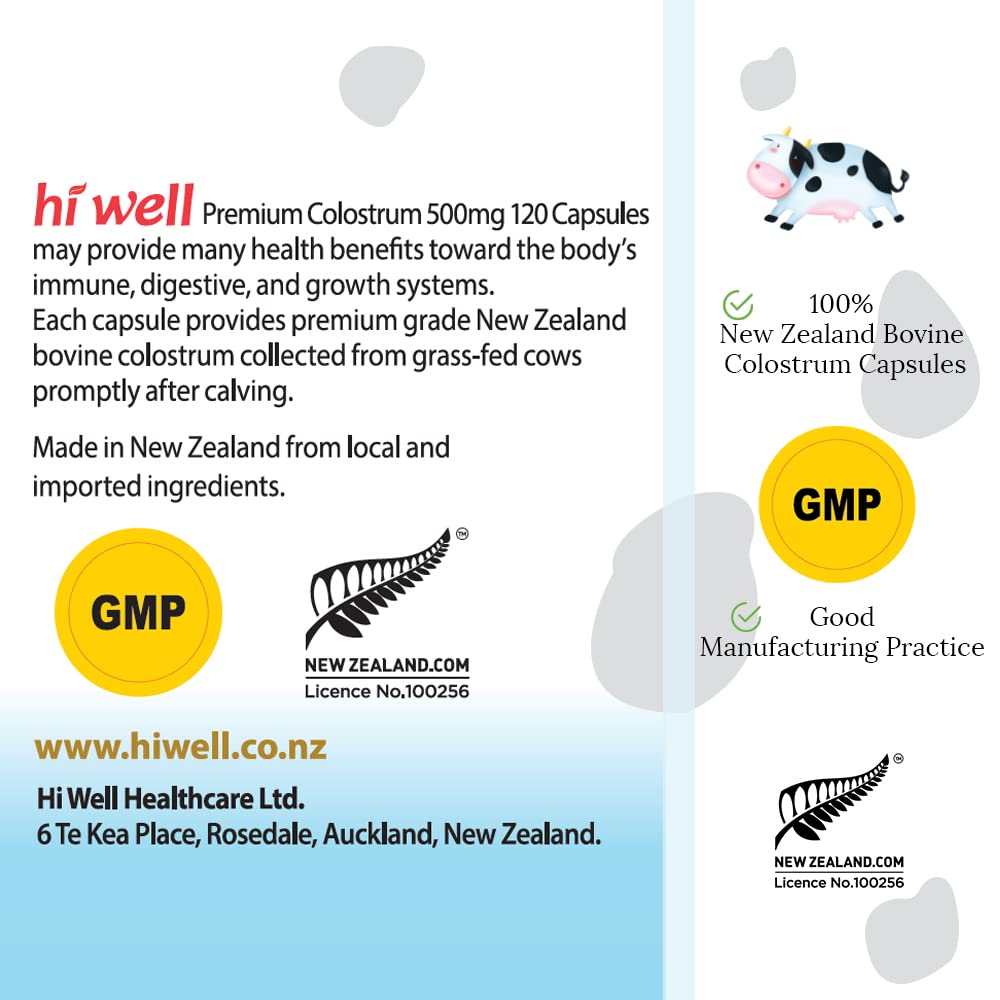 Hi Well Premium 100% Pure New Zealand Bovine Grass-Fed Colostrum Capsules, 120