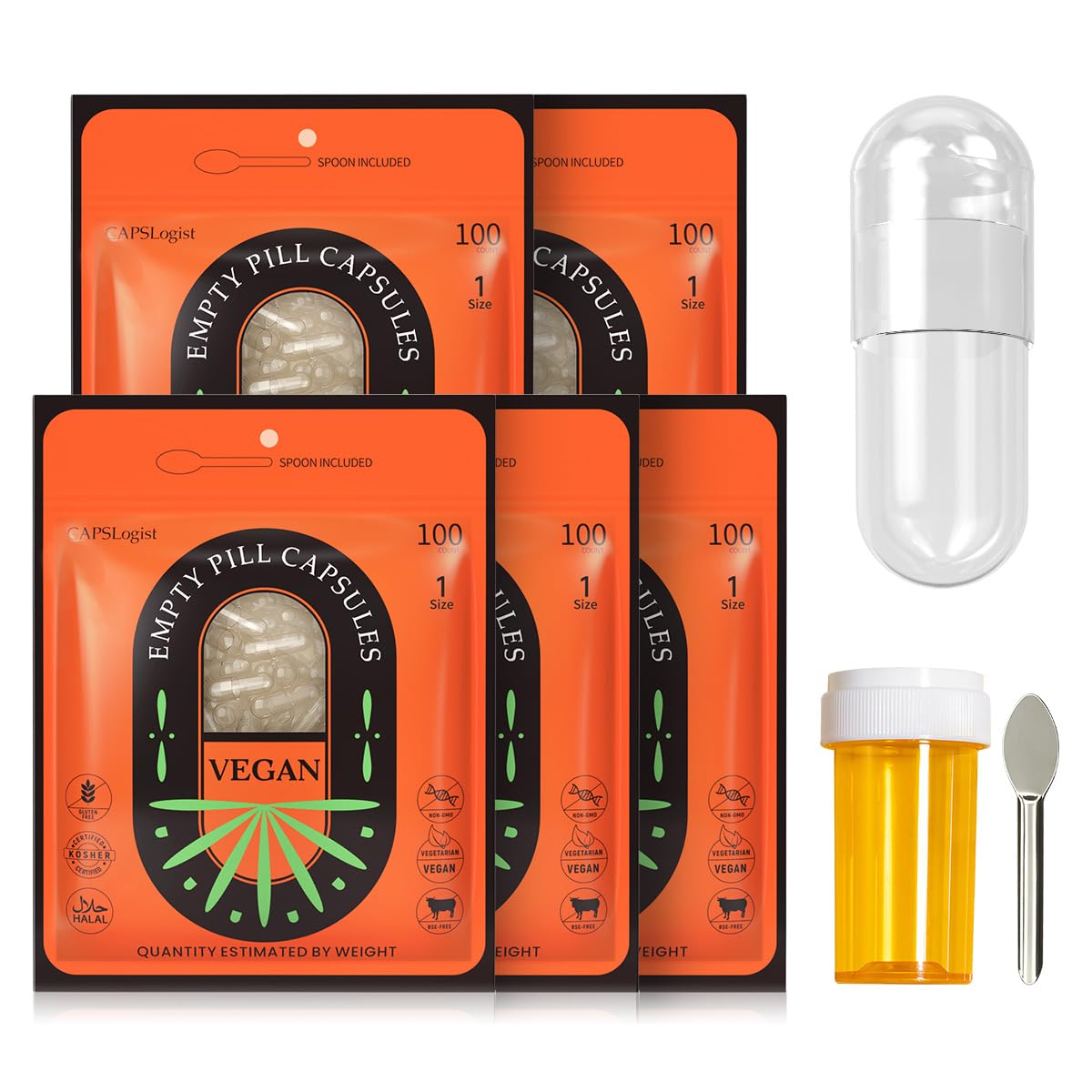 CAPSLogist Empty Vegan Capsules, Capsule, Size 1, 500 Count