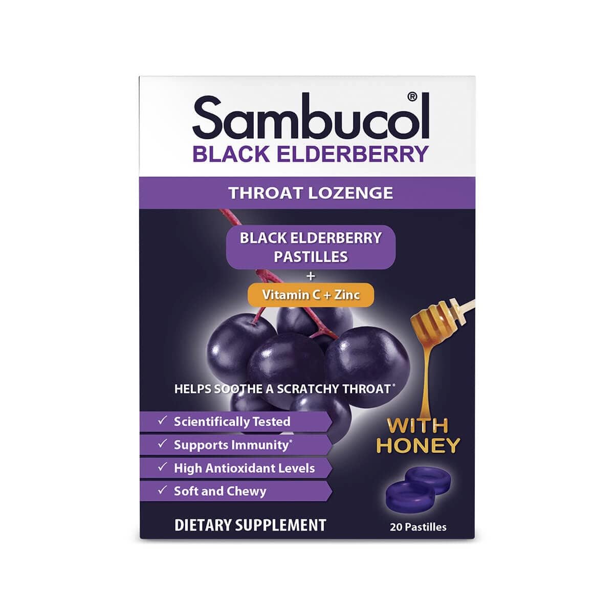 Sambucol Black Elderberry Throat Lozenge - Honey, Soothes Cough, 20 Tablets