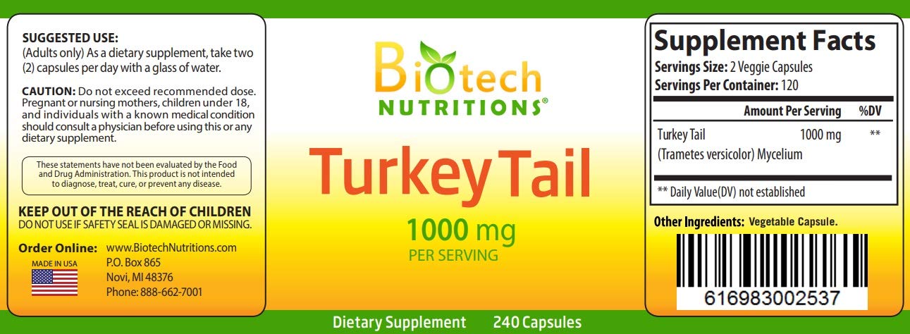 Biotech Nutritions Turkey Tail Mushroom 1000 mg per serving 240 Capsules