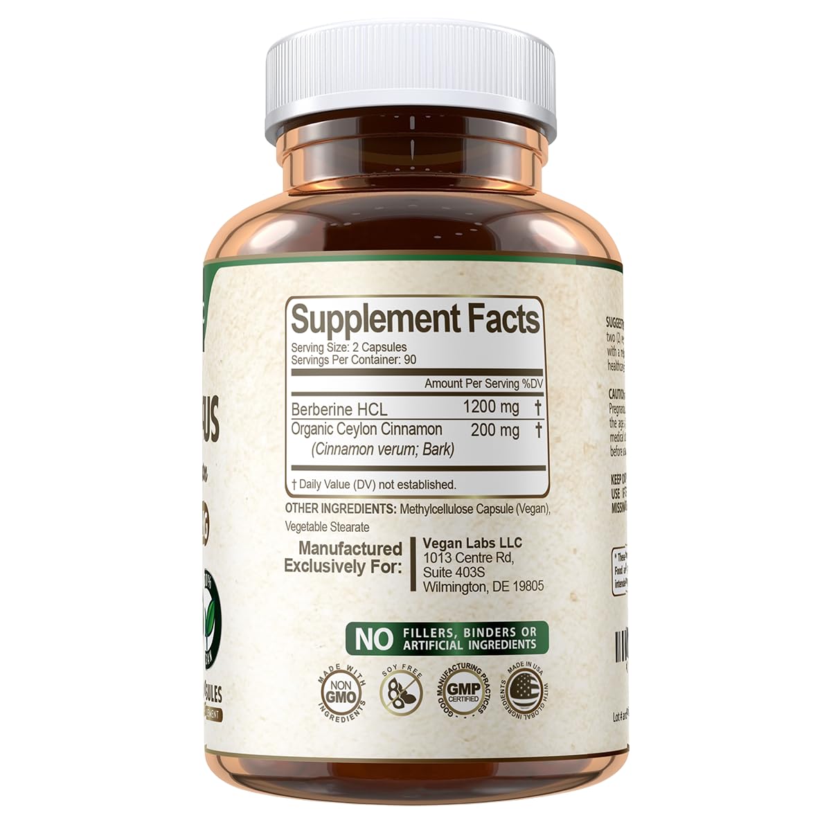 Vegan Labs Berberine HCL 1200MG with Organic Ceylon Cinnamon, 180 Capsules