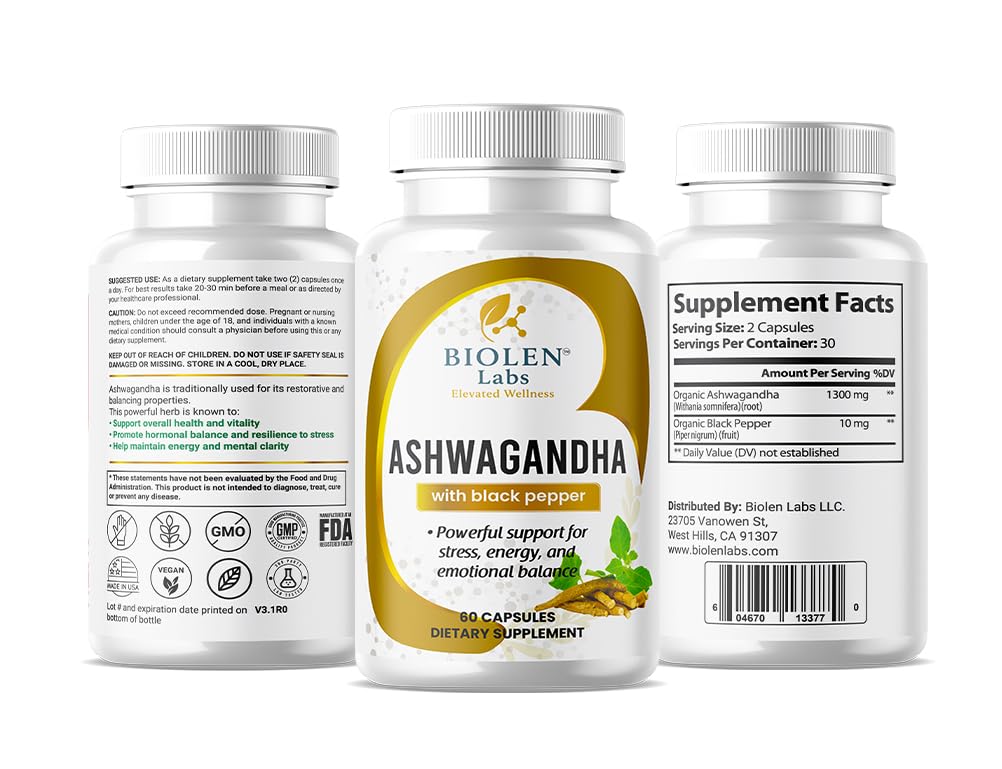 Biolen Labs Elevated Wellness Ashwagandha Extra Strength with Black Pepper 1300mg Capsules, 60 Count