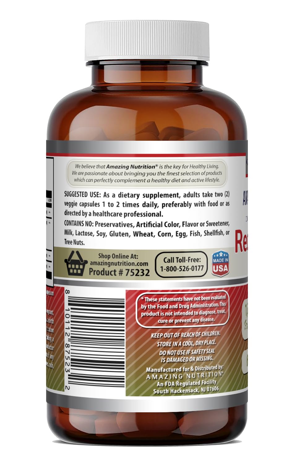 Amazing Nutrition Red Yeast Rice Complex with CoQ10, Alpha Lipoic Acid & Milk Thistle Capsule, 60 Veggie Capsules