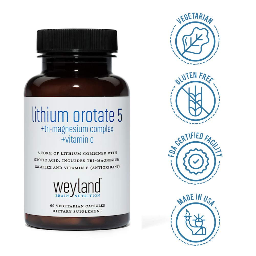 Weyland Brain Nutrition Lithium Orotate 5mg + Tri-Magnesium Threonate, Taurinate, Malate + Glycine + Vitamin E, 60 Capsules