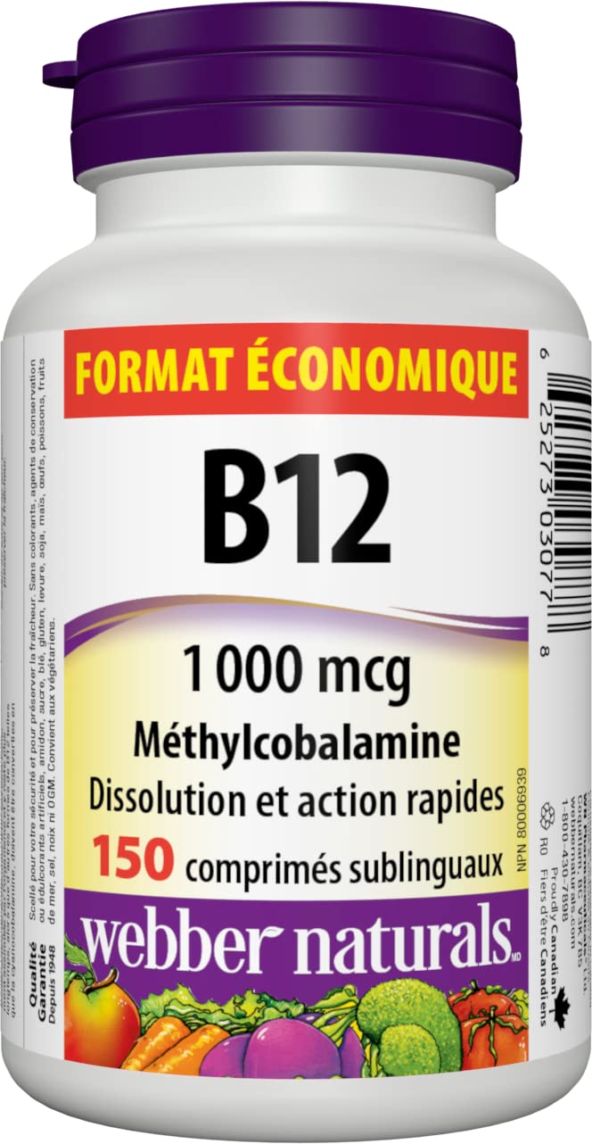 Webber Naturals Vitamin B12 1000 mcg Methylcobalamin Sublingual Tablets, 150 Tablets