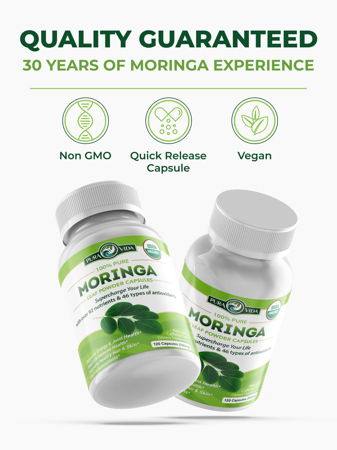 Pura Vida Moringa Organic Moringa Capsules, 500mg, 120 Count
