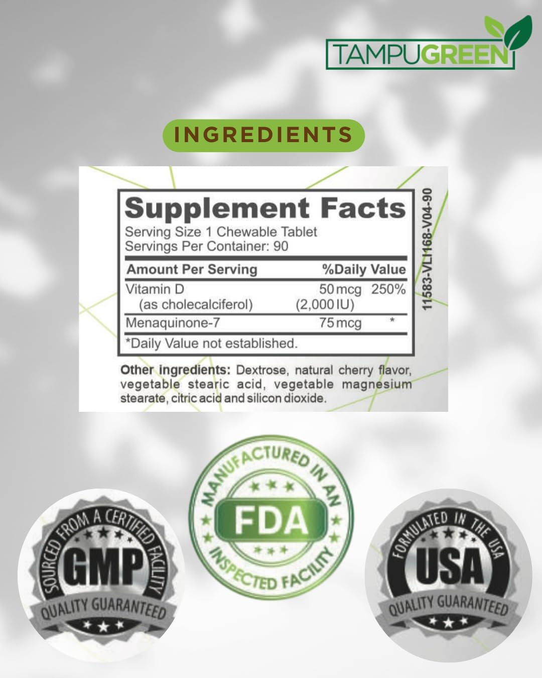 TAMPUGREEN Vitamin D3 + K2 2000 IU D3 + 75 mcg K2, 90 Tablets