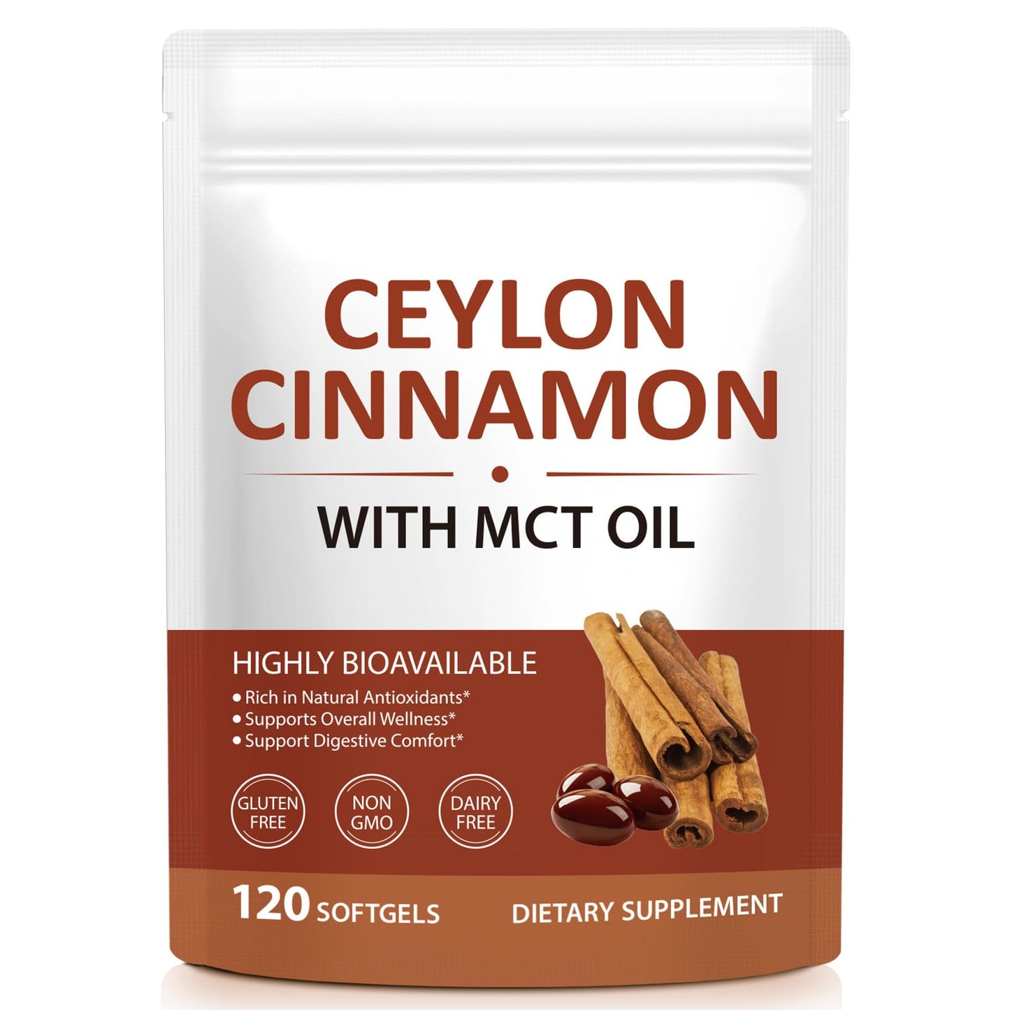 vopxccvy Ceylon Cinnamon Softgels with MCT Oil, True Ceylon Cinnamon Bark Extract, 120 Softgels