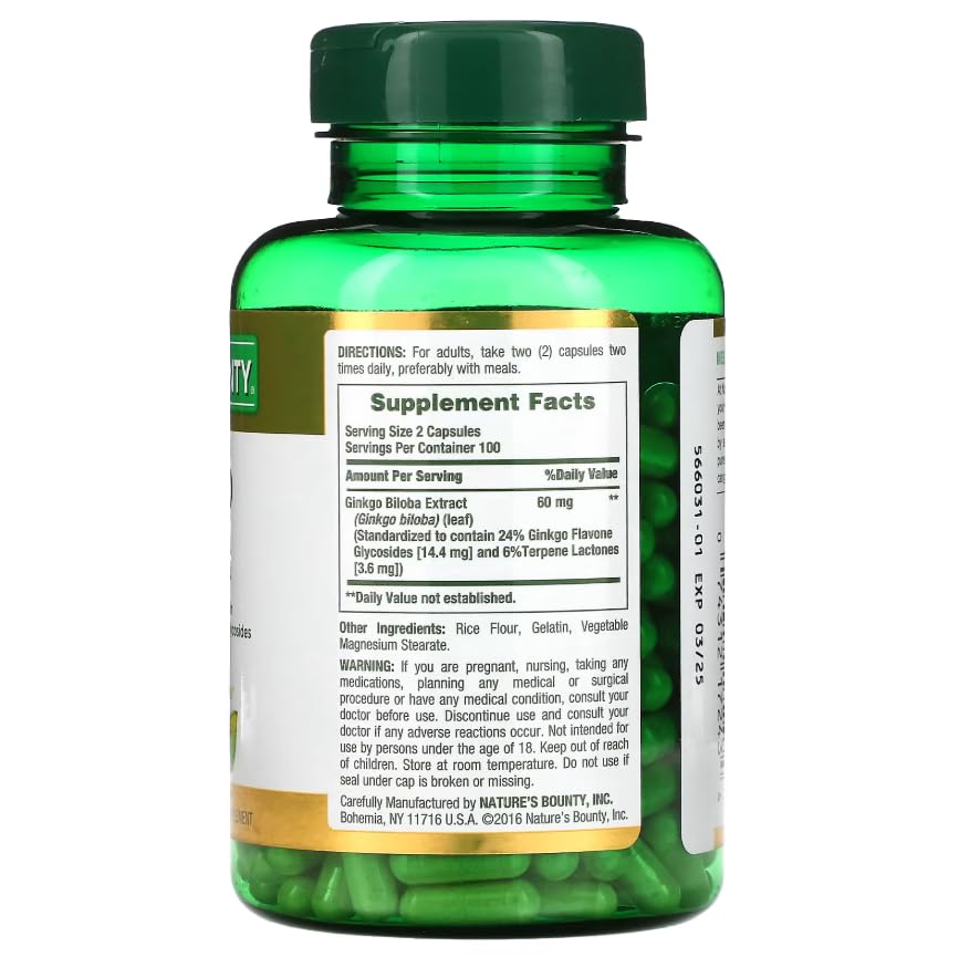 Nature's Bounty Ginkgo Biloba 60mg Capsules 600 Capsules