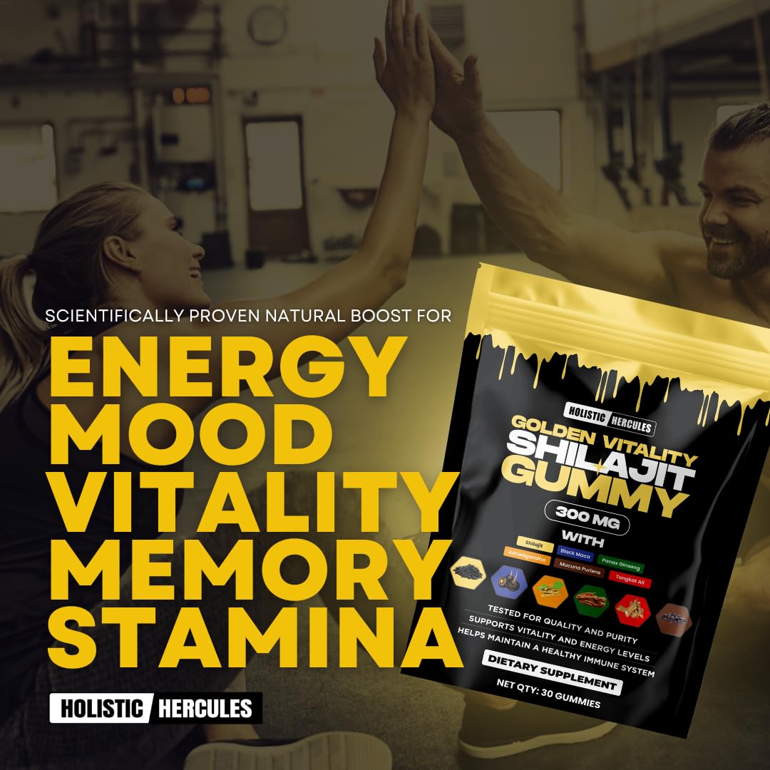 Holistic Hercules Himalayan Gold Shilajit Gummies with Ashwagandha, Black Maca, Tongkat Ali, Panax Ginseng, Mucuna, 30 Gummies