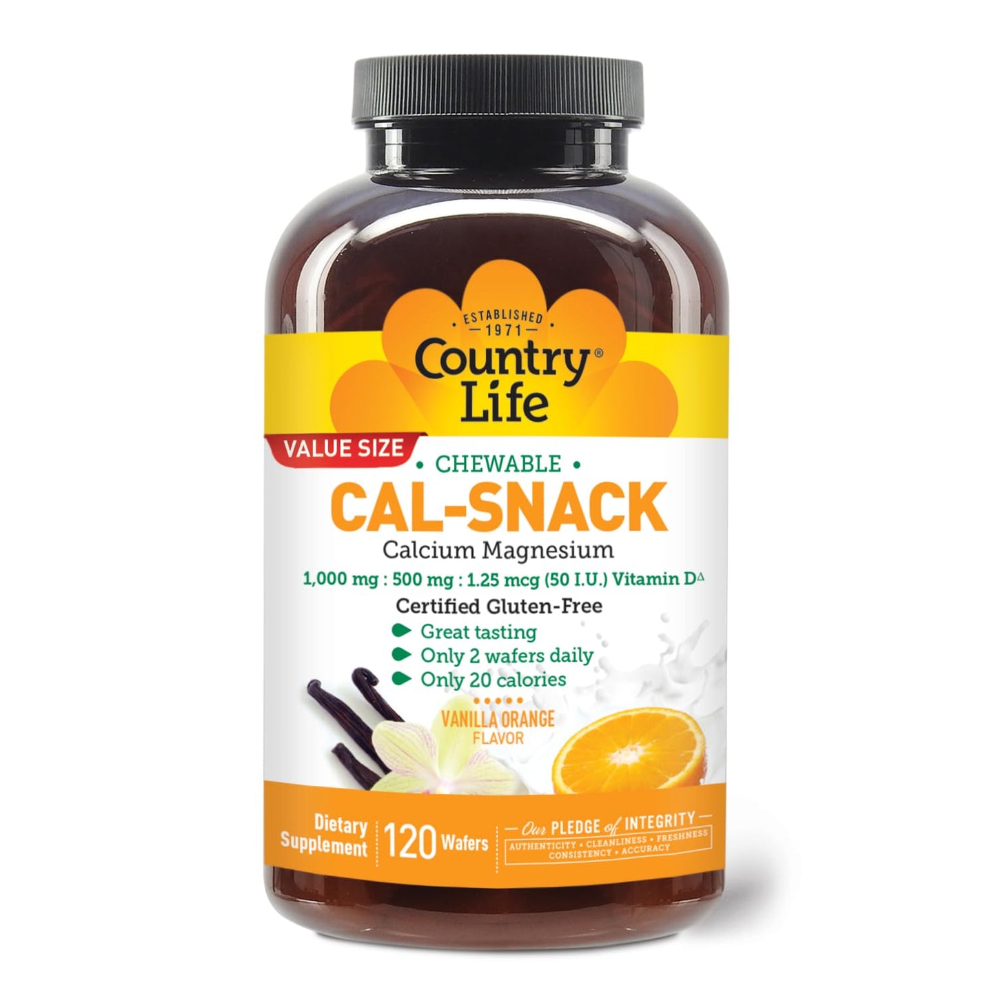 Country Life Cal-Snack Chewable Calcium Magnesium Supplement with Vitamin D3, Vanilla Orange Flavor, 120 Count