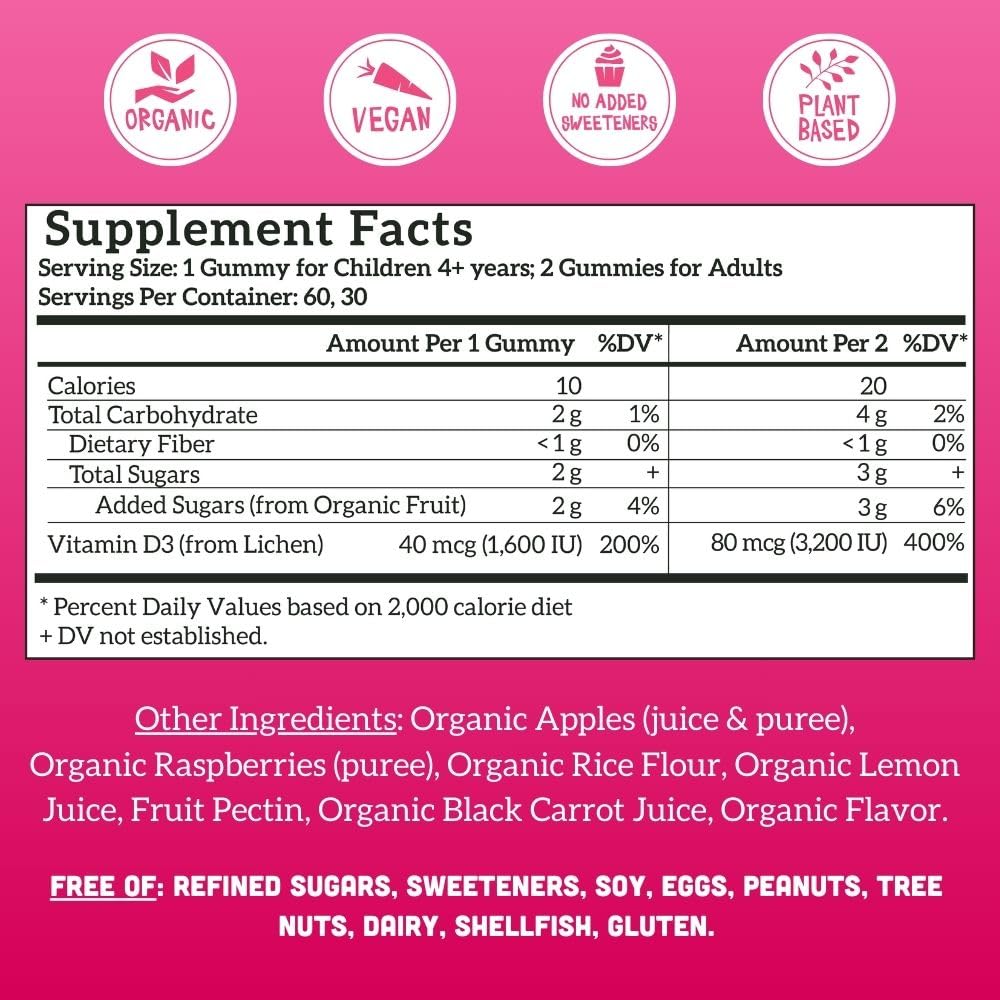 Llama Naturals Vitamin D3, Vegan, Organic Immune Support Supplement, Vitamin D Gummies for Adults and Kids, Real Fruit Gummy Vitamins, Promotes Bone Health, No Added Sugar Cane, Raspberry, 60 Ct
