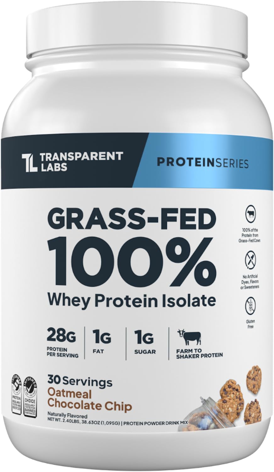 Transparent Labs Grass-Fed Whey Protein Isolate Powder, Oatmeal Chocolate Chip Cookie, Naturally Flavored, Gluten Free, 30 Servings