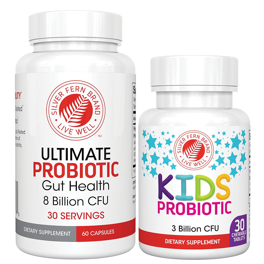 Silver Fern Ultimate Probiotic Family Bundle - 2-Piece Set, Adult Probiotic Capsules 60 Count + Children's Probiotic Chewables 30 Count