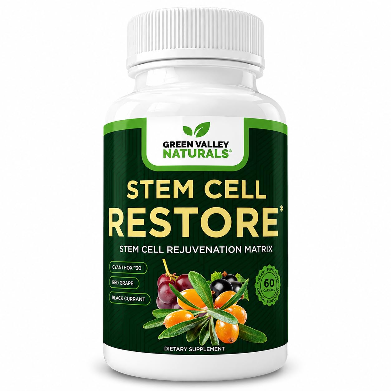 Green Valley Naturals Stem Cell Restore – Cellular Health Support Supplement with CYANTHOX™30, Sea Buckthorn, Black Currant, Grape Seed & Resveratrol, 60 Capsules