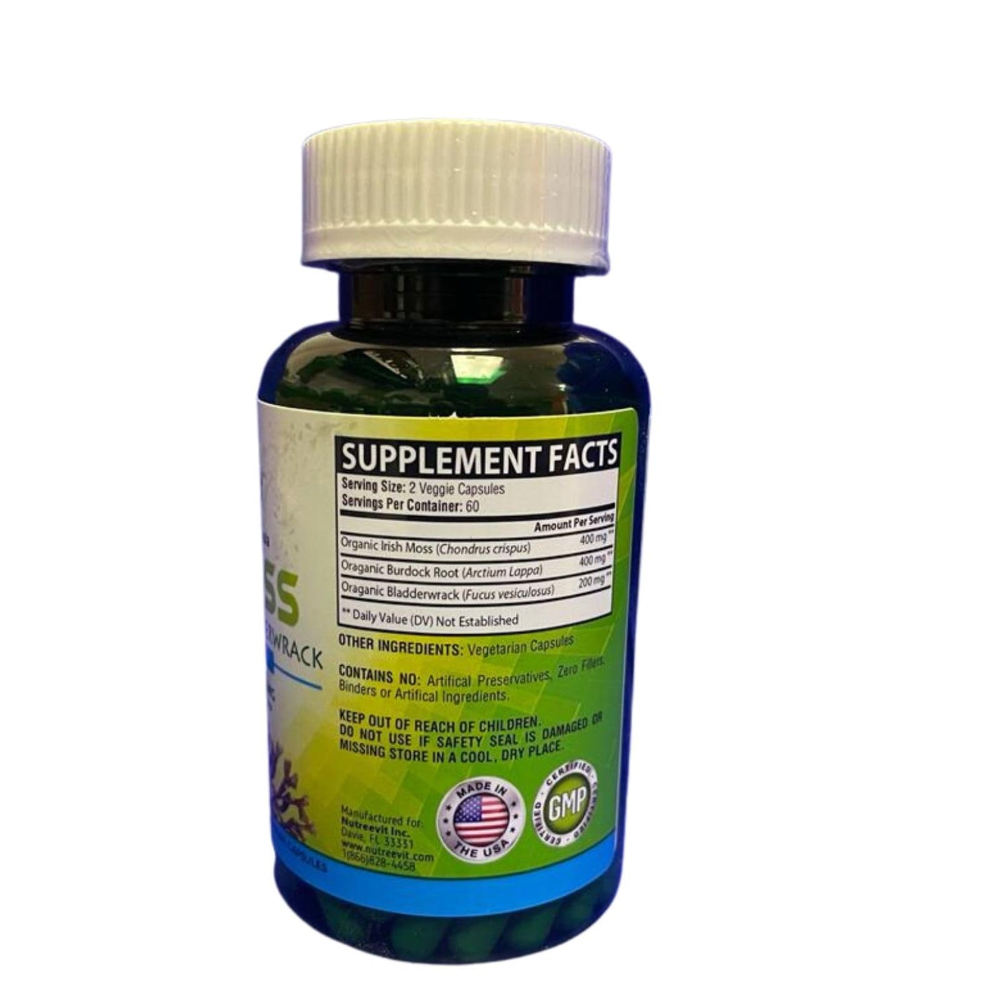 NutreeVit 100% Organic Sea Moss + Bladderwrack + Burdock Advanced Superfood Formula Capsules, 60 Count