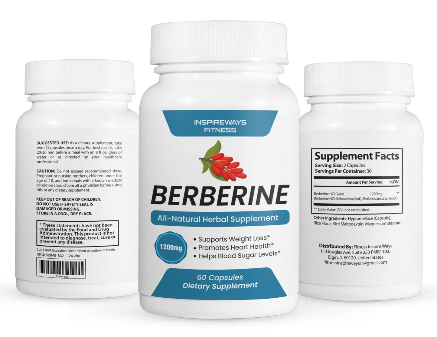 Fitness InspireWays Berberine Supplement 1200mg HCL Capsule, 60 Count