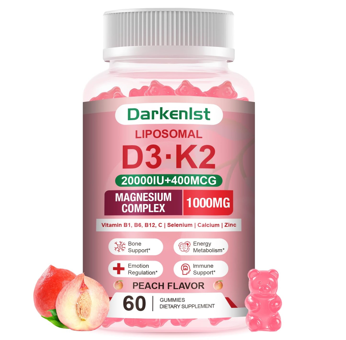 Darkenlst Liposomal Vitamin D3 + K2 Gummies, 20,000 IU D3 + 400 mcg K2, Magnesium Glycinate, Malate & Citrate, Calcium, Zinc, Rich in B & C Vitamins, Stress Relief & Bone Support, 60 Count
