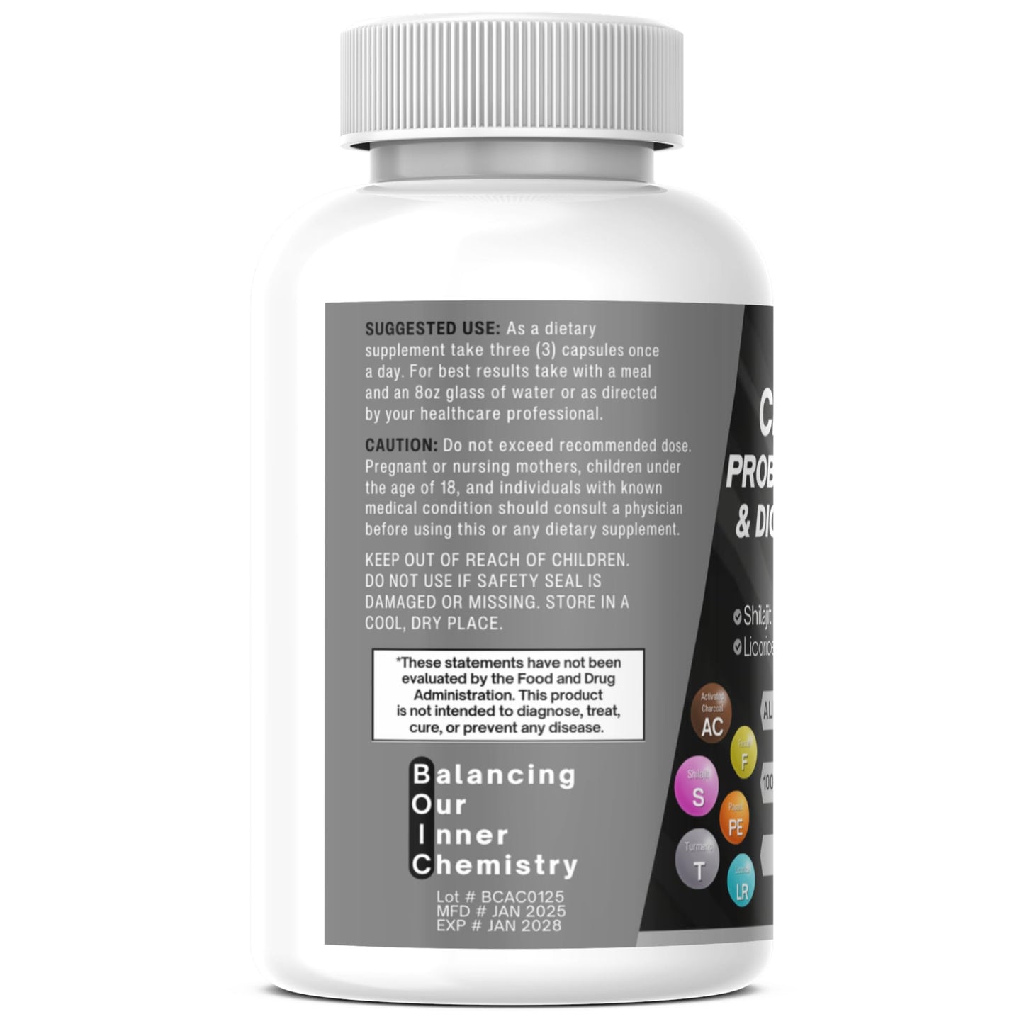 BOIC Activated Charcoal Capsules Extra Strength with Shilajit, 200 Billion CFU Probiotics, Digestive Enzymes, Peppermint, Fennel, Licorice & Ginger, 120 Capsules