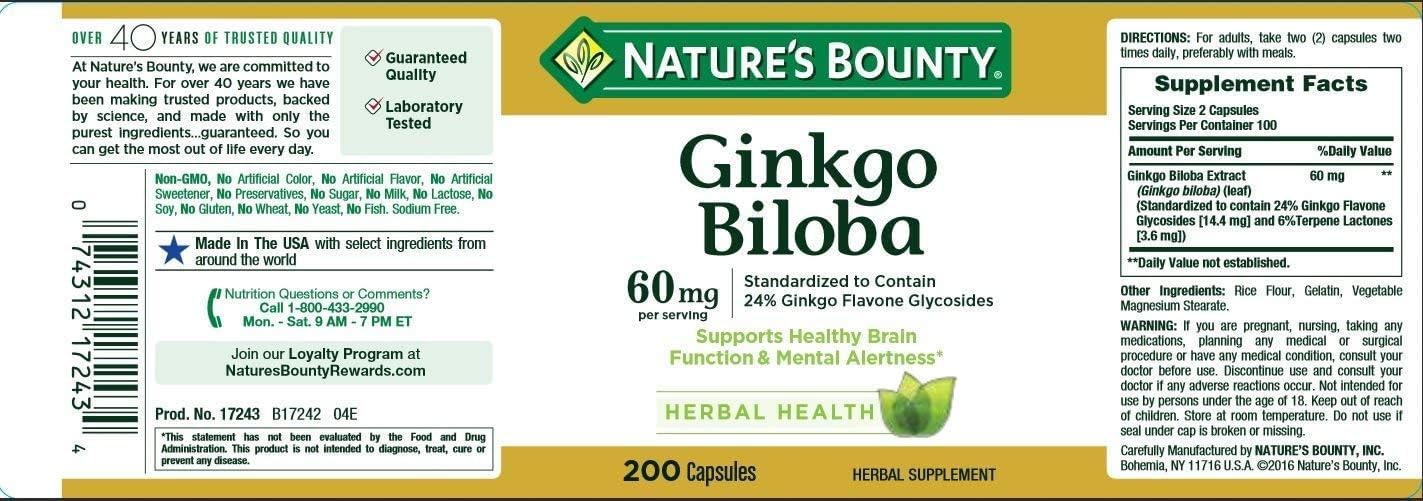 Nature's Bounty Ginkgo Biloba 60mg Capsules 600 Capsules