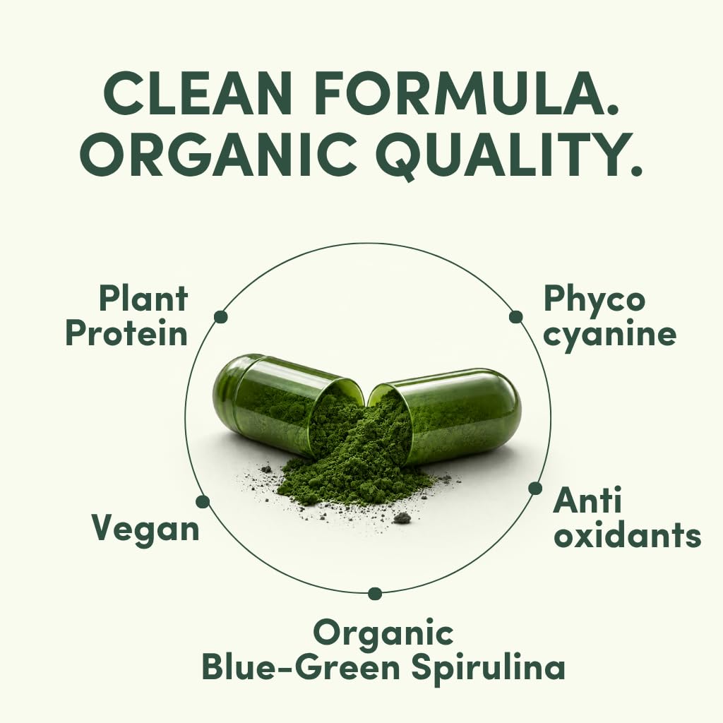 AROMAVITA Spirulina Capsule 1500mg Per Serving – Made with Organic Spirulina – Plant-Based Daily Wellness Support with Naturally Occurring Protein, Iron & Phytonutrients, 90 Vegan Capsules