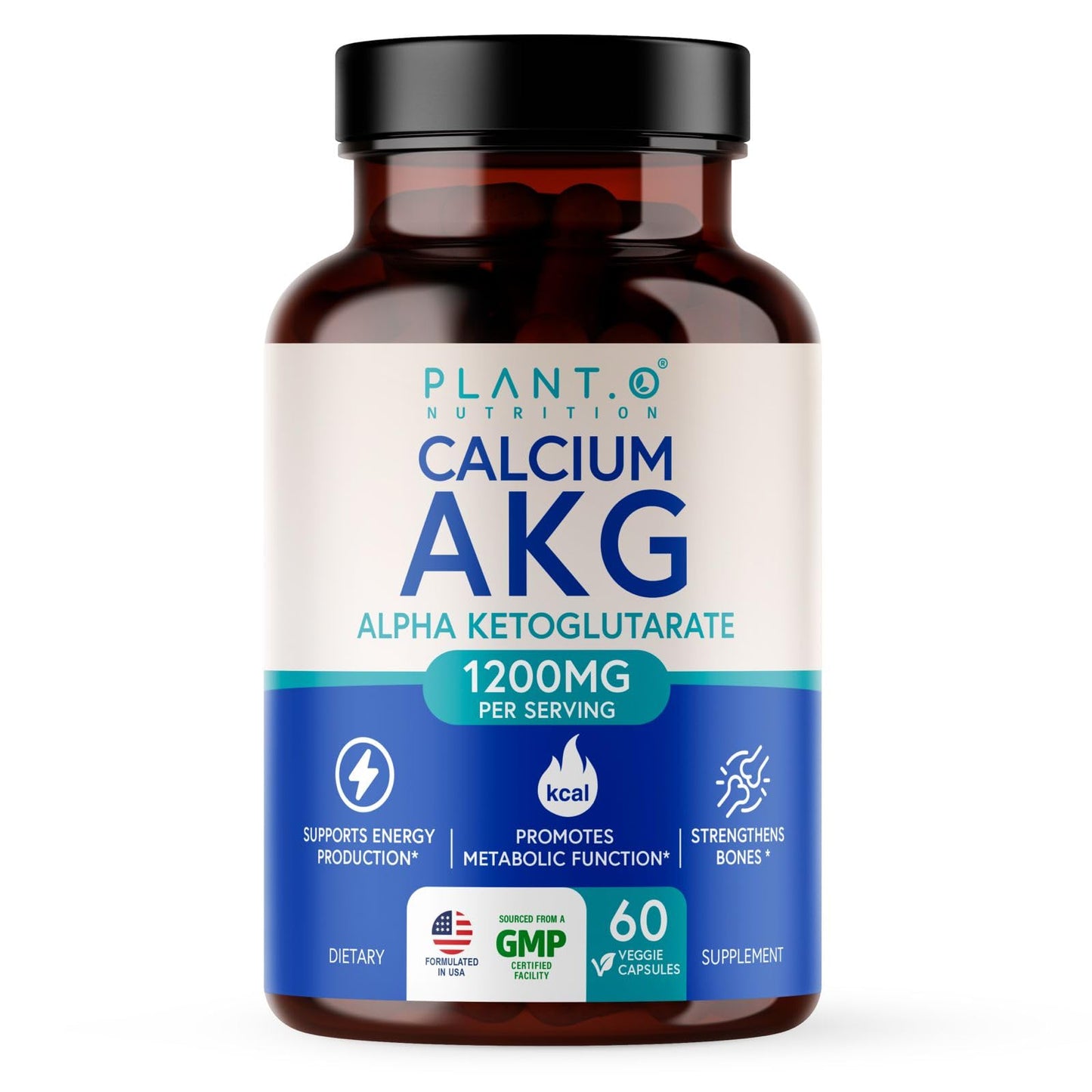 PLANT.O NUTRITION Calcium AKG (Ca-AKG) Monohydrate 1200mg Per Serving Calcium Alpha Ketoglutarate for Cellular Energy & Healthy Aging Support 60 Capsules