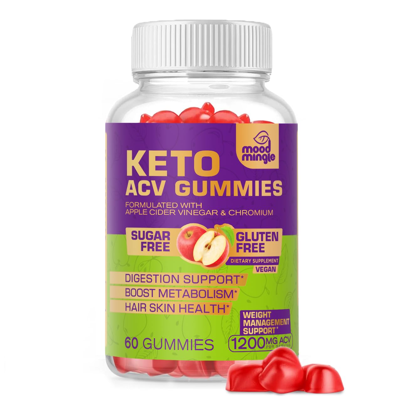 Mood Mingle Keto ACV Gummies for Advanced Weight Loss, Gluten & Sugar-Free Apple Cider Vinegar Rapid Fat Burner Diet Supplement for Women Men, 60 Gummies