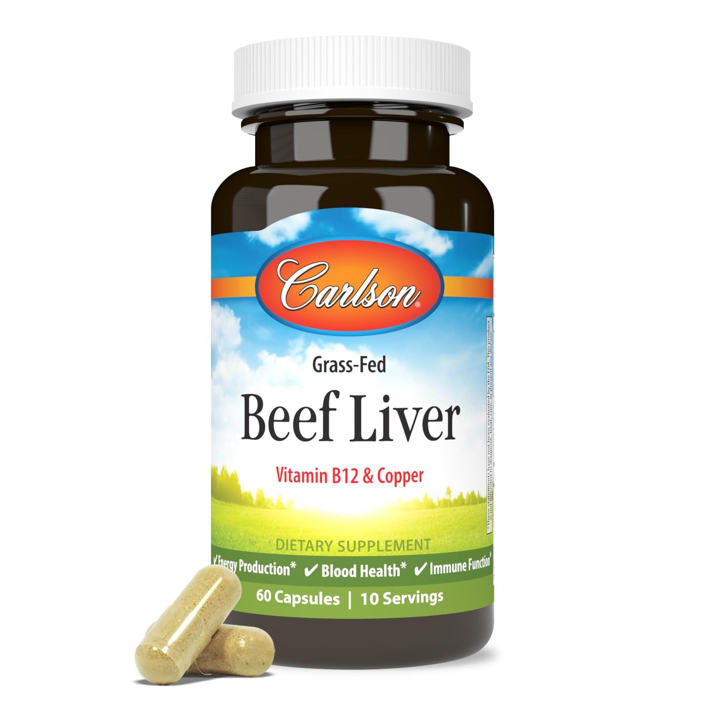 Carlson Grass-Fed Beef Liver with Iron & Copper for Blood Health & Energy, Red Blood Cell Production, 60 Capsules