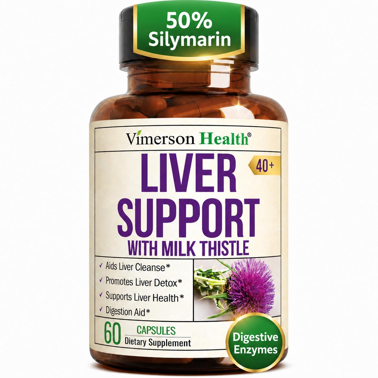 Vimerson Health Liver Support with Artichoke Extract, Enzymes, Milk Thistle, Dandelion Root, Lipase & Protease, Solarplast Antioxidants - Capsules, 60 Count