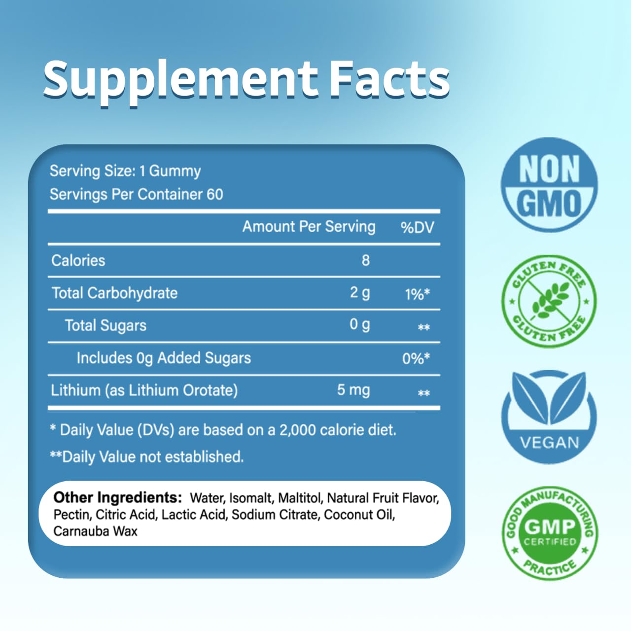 PYUNAFIT Lithium Orotate 5mg Gummies Sugar Free, 60 Count