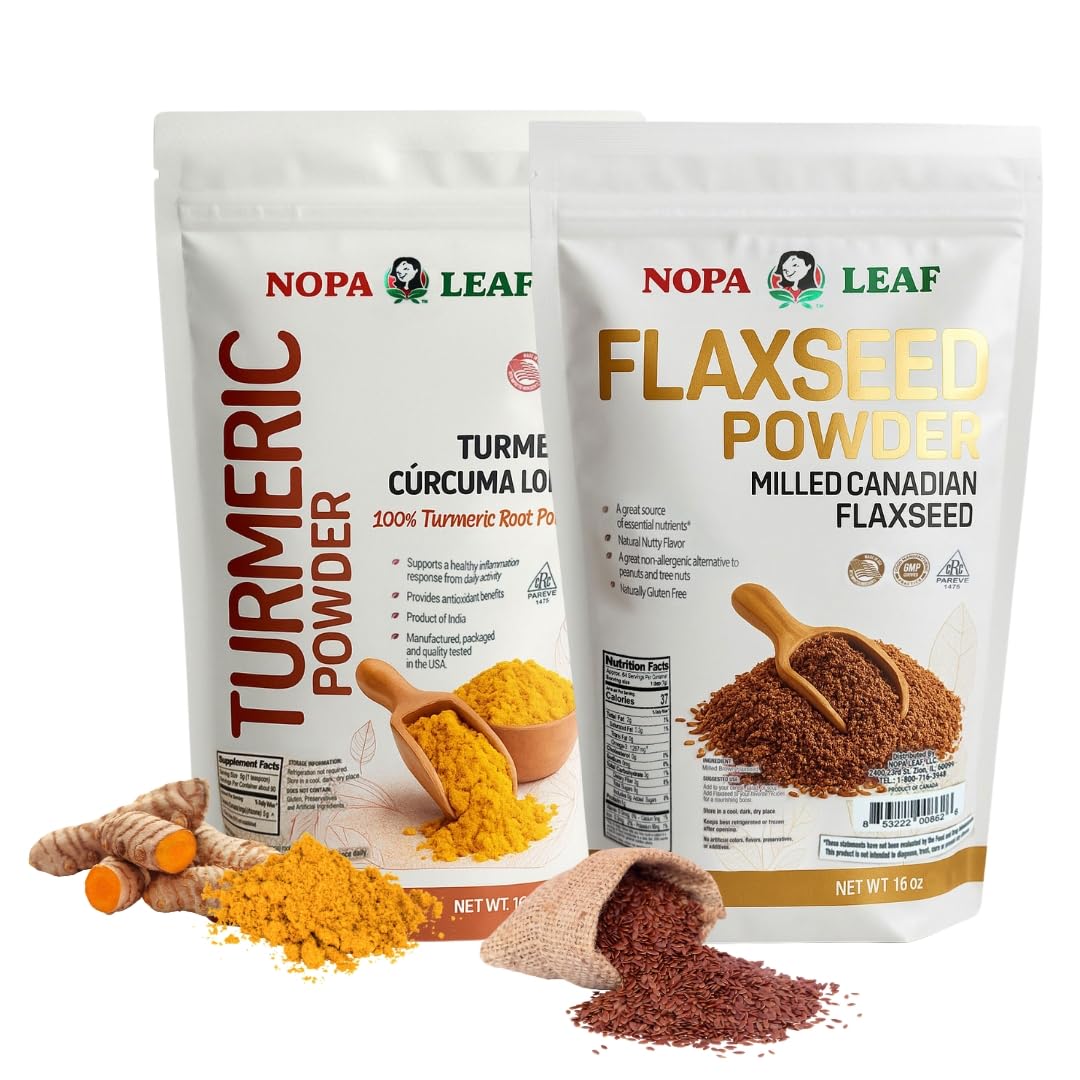 Nopalina NOPA Leaf Daily Superfood Wellness Bundle Powder, Flax Seed Powder + Turmeric Powder, 17 Count